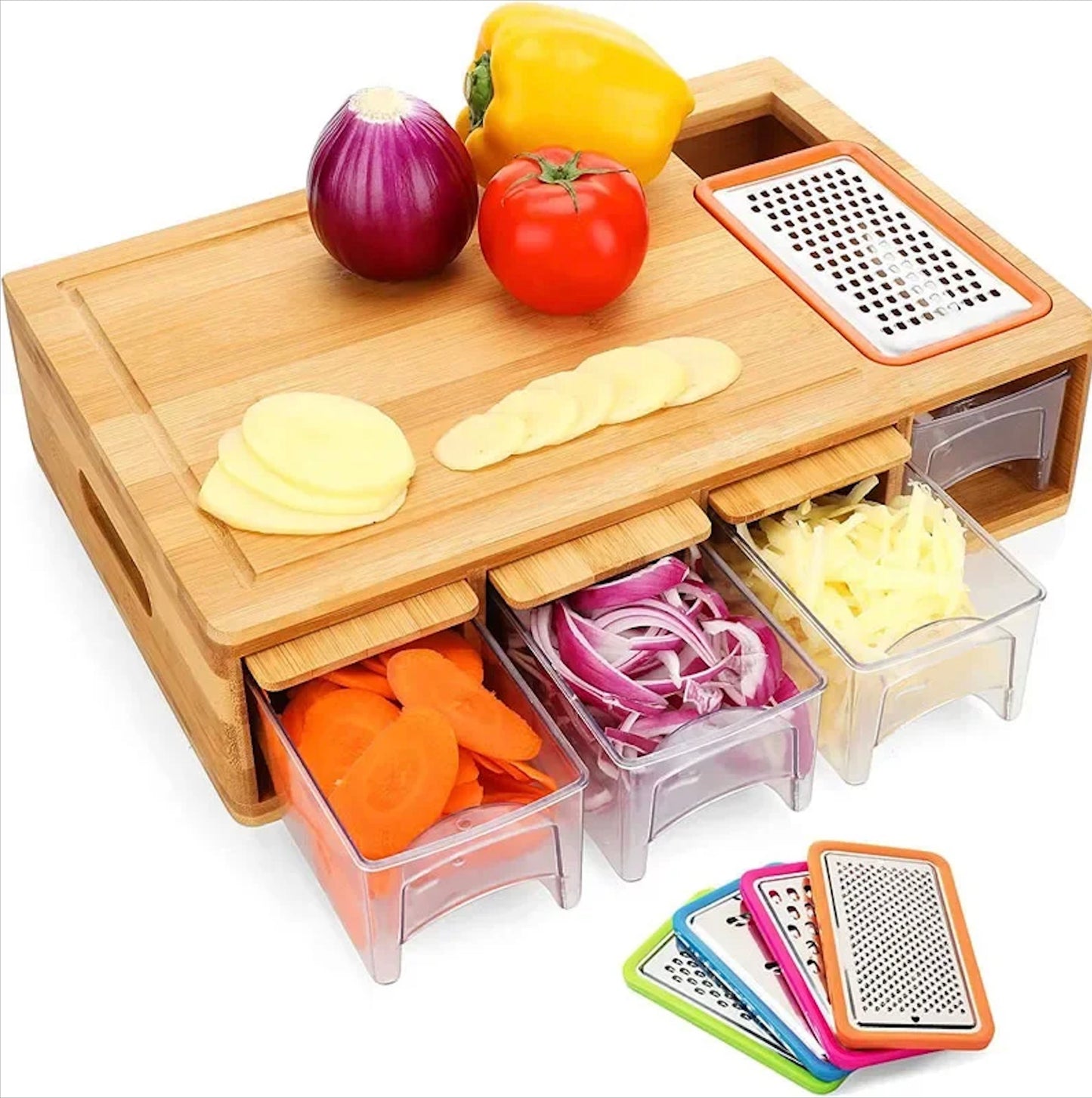 Multi-Functional Bamboo Cutting Board with Drawer and Kitchen Tool Set
